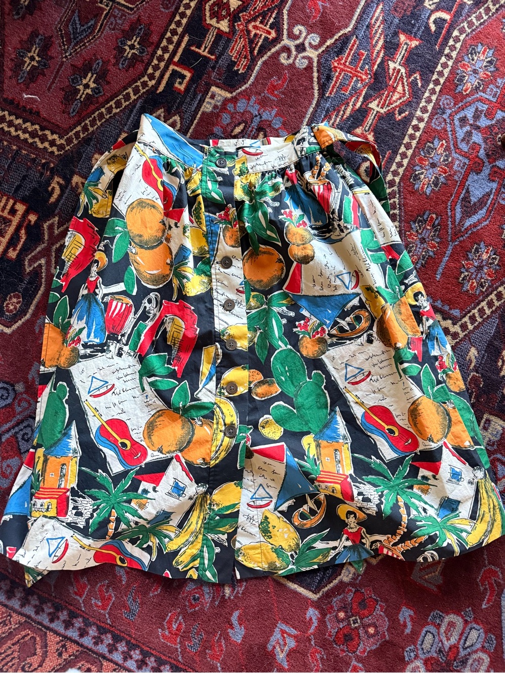 J. Crew Tropical Print Flat-Front Skirt in Black, Green, Yellow, Red, Blue